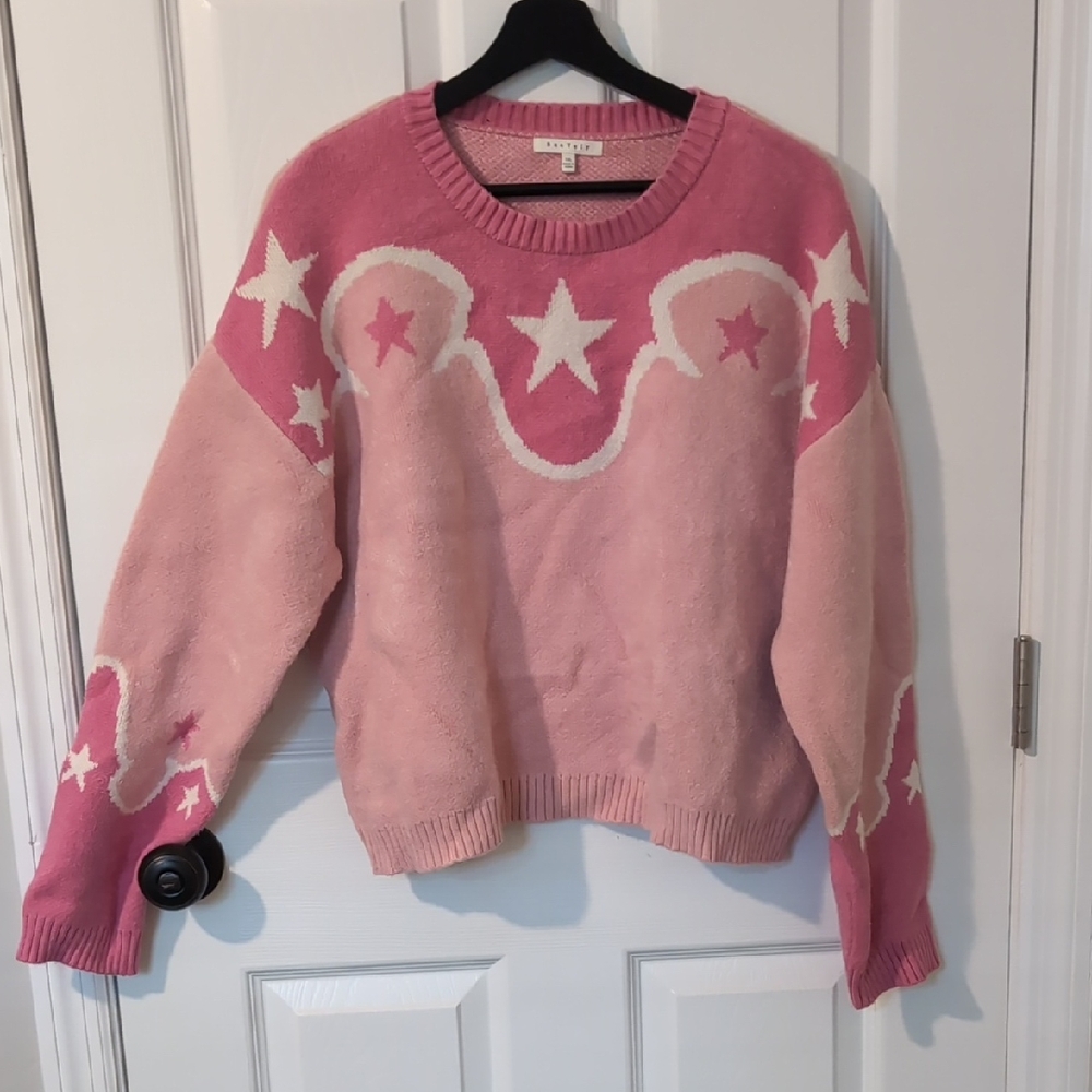 Pink and White Crew Neck Sweater with Star Patterns